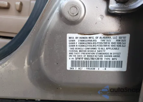 2007 Honda Pilot Ex-L из США, поврежденный, VIN 5FNYF18657B013919